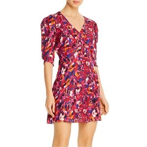 PARKER | $358 Lottie Silk Abstract Puff Sleeve Mini Dress in Pink Motif, Size 8